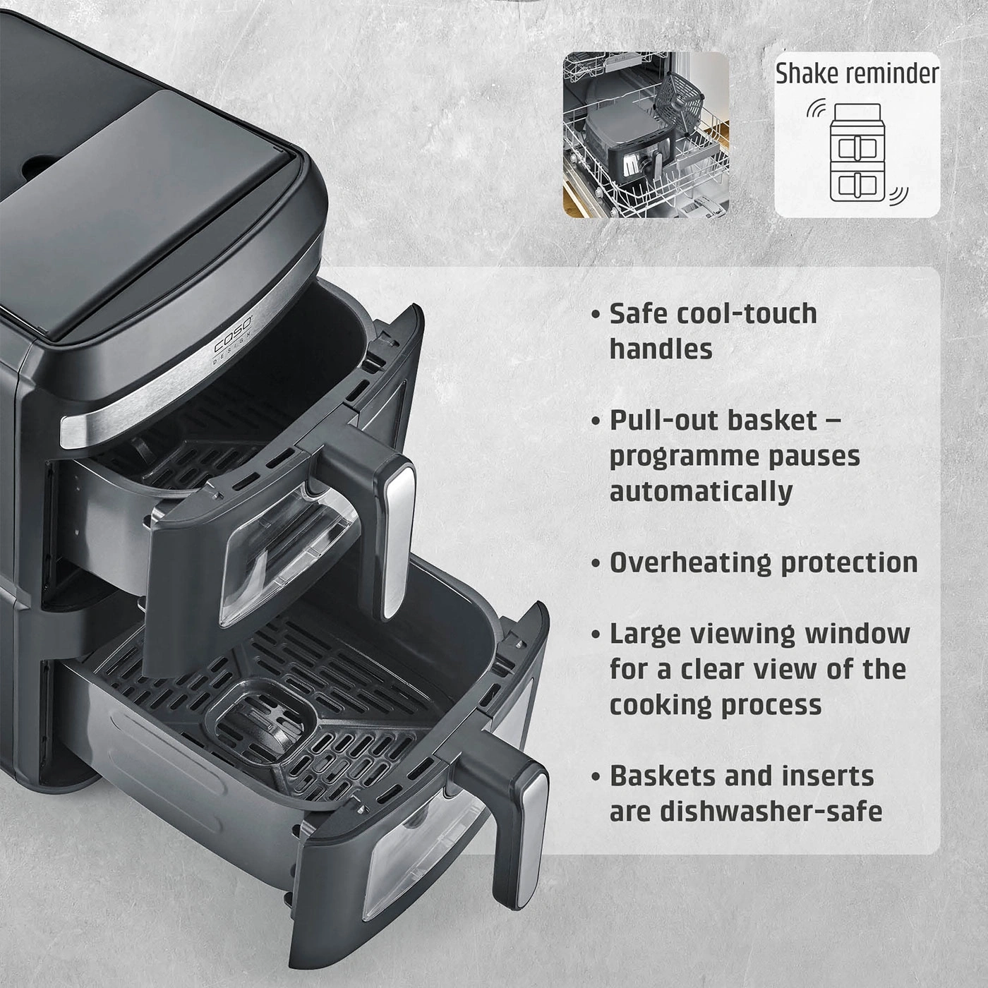 Double air fryer with viewing window and dishwasher-safe baskets
