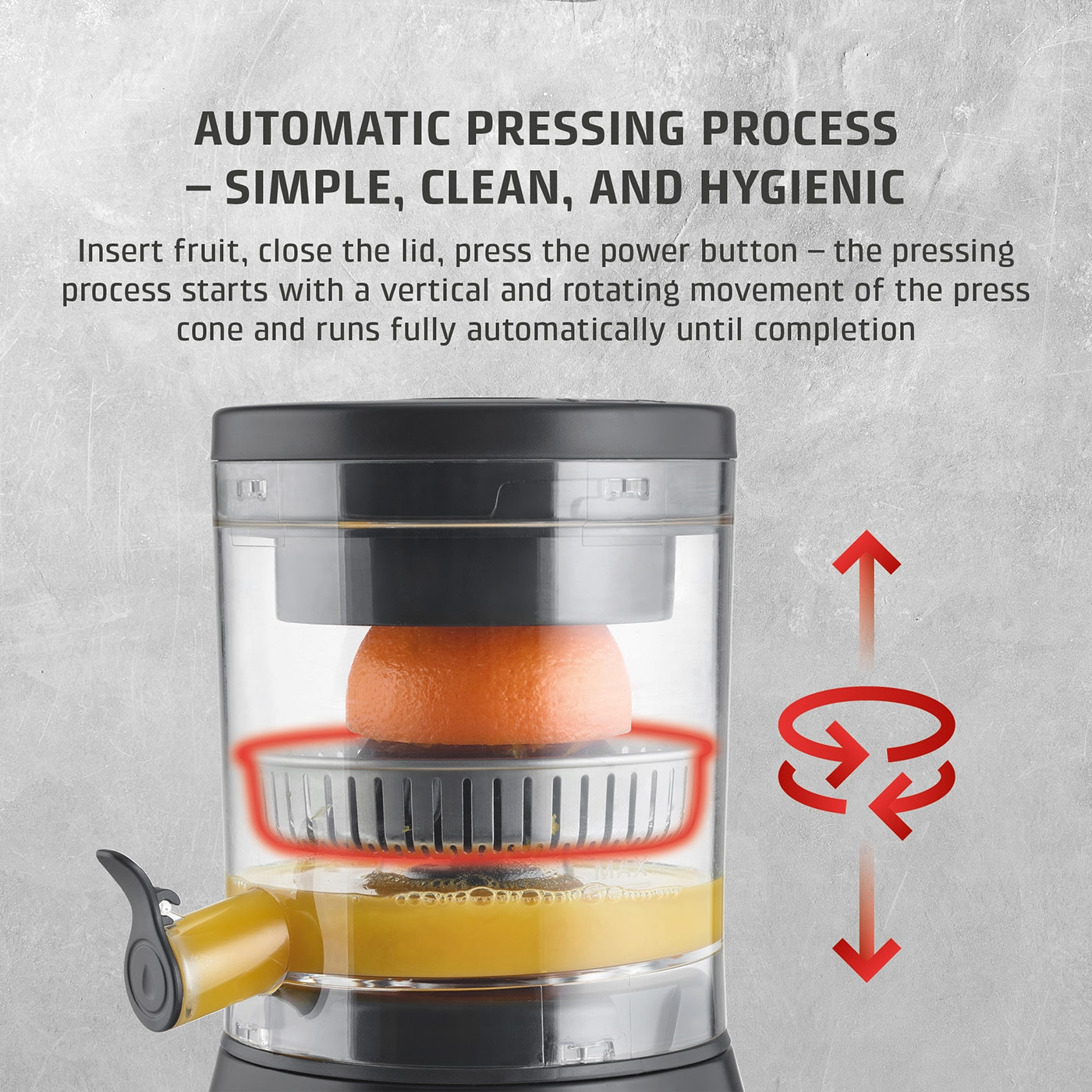 Automatic juicer: Easy, clean, hygienic. Insert fruit, press button, done. Vertical and rotating movement.