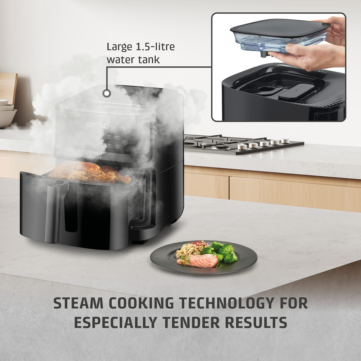 Steamer with large water tank and tender cooking results. Food on a plate.