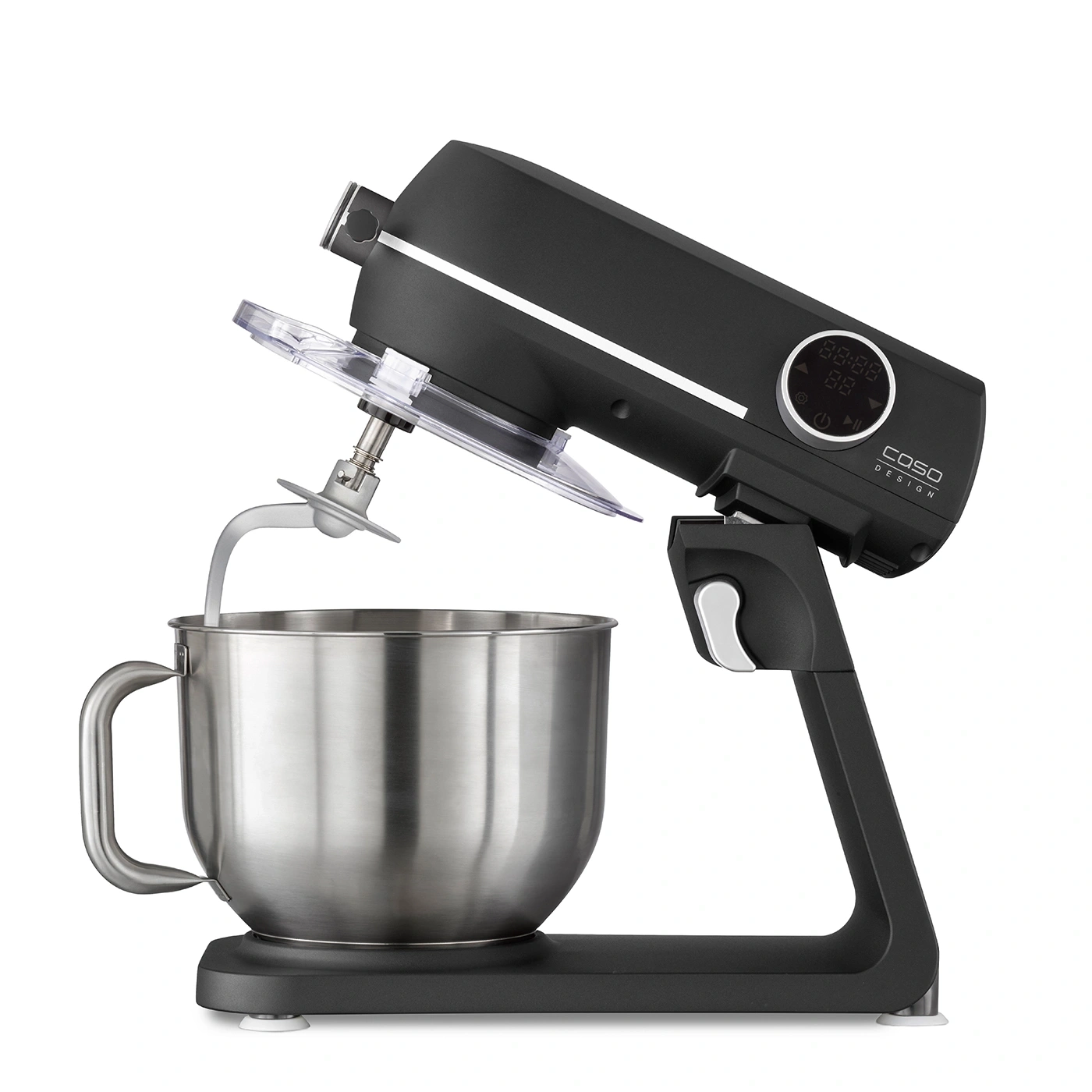 Schwarze Küchenmaschine mit Edelstahl-Schüssel und digitaler Anzeige, Caso Design.