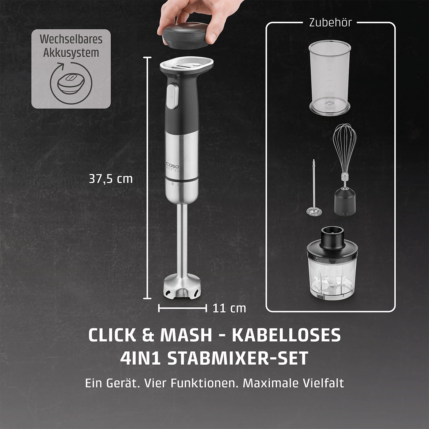 Kabelloser Stabmixer-Set mit Zubehör und Abmessungen
