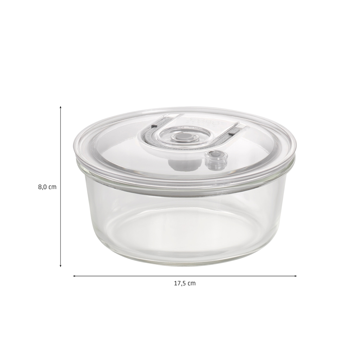 Glass container with lid, 8.0 cm high and 17.5 cm wide.