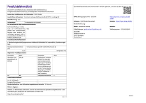 Produktinformationsblatt mit technischen Details zu einem Kühlschrank für Supermärkte.