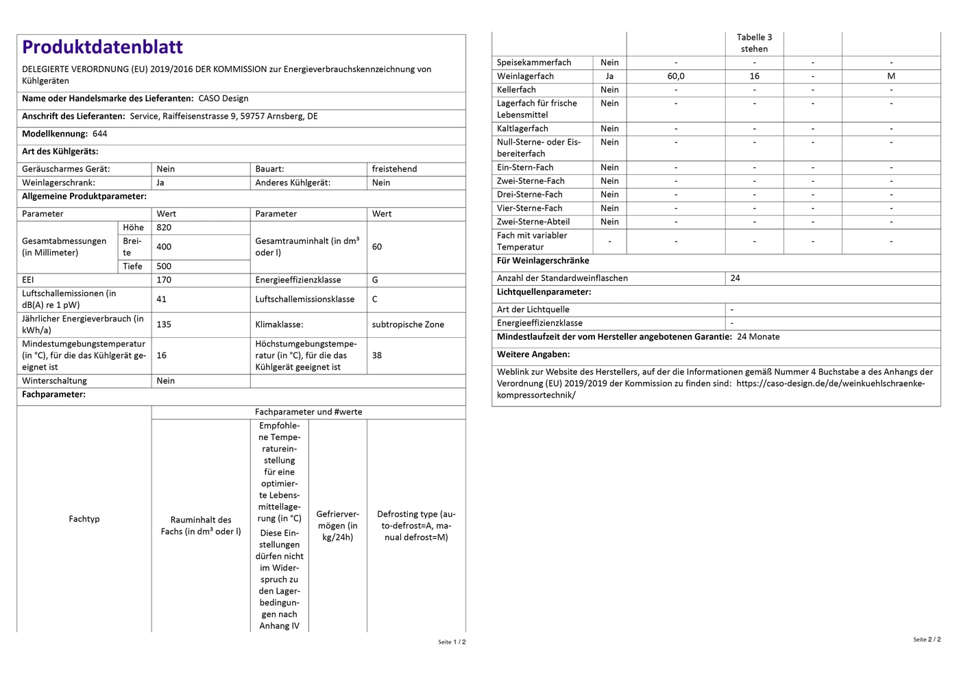 Produktdatenblatt Kühlschrank: Energieeffizienz, Parameter, Weinlagerfach, Abmessungen, Klimaklasse, Garantie.