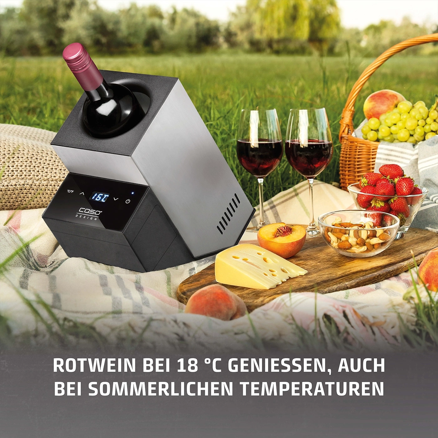 Rotwein-Kühler im Freien mit Picknick-Zubehör und Text. Genießen Sie Rotwein bei 18°C.