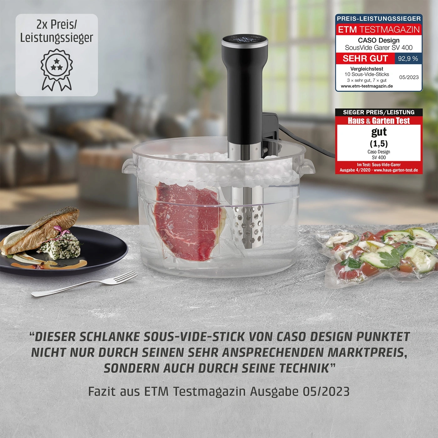 Ein Sous-Vide-Garer von Caso Design mit einem Steak und Lachs.