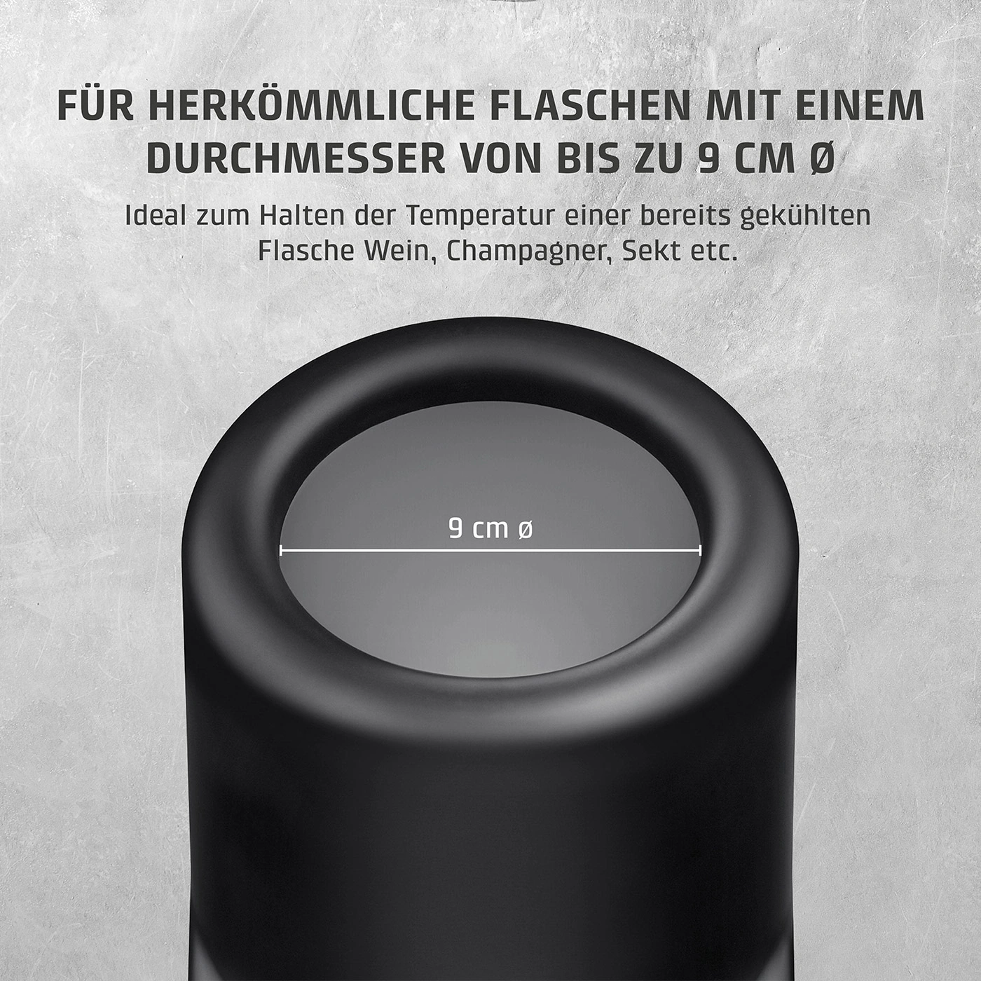 Weinkühler mit Text: Für Flaschen bis 9 cm Durchmesser. Ideal für Wein, Champagner, Sekt.