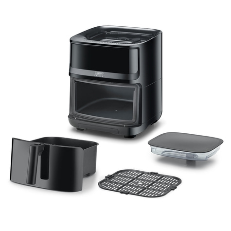 Black air fryer with accessories isolated on white background