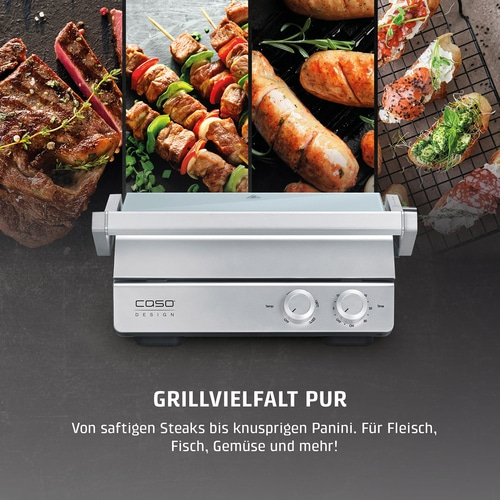 Ein Kontaktgrill mit verschiedenen Speisen wie Steak, Spießen, Würstchen und Bruschetta.