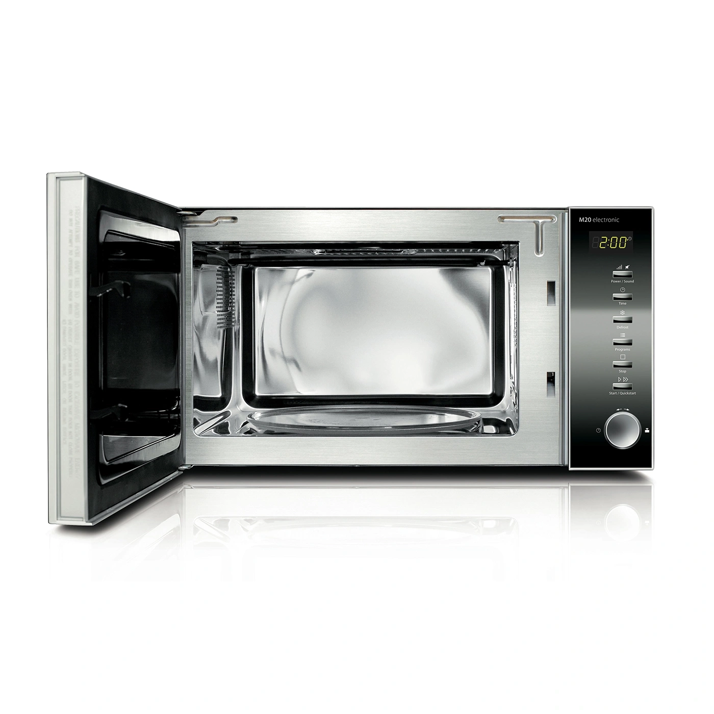 Microwave with open door, control panel, time display, start button, silver casing, electronic