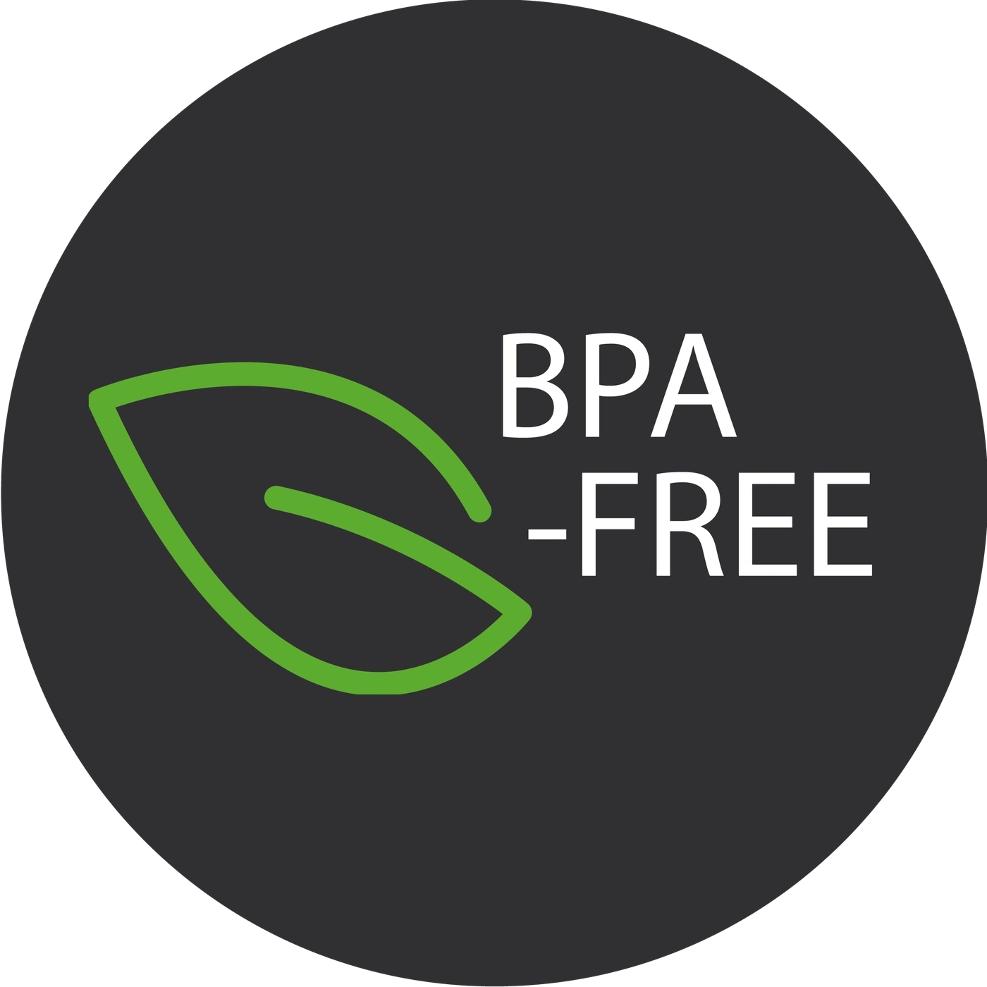 BPA-FREI-Logo mit Blatt in Grün auf dunklem Hintergrund, kreisförmig