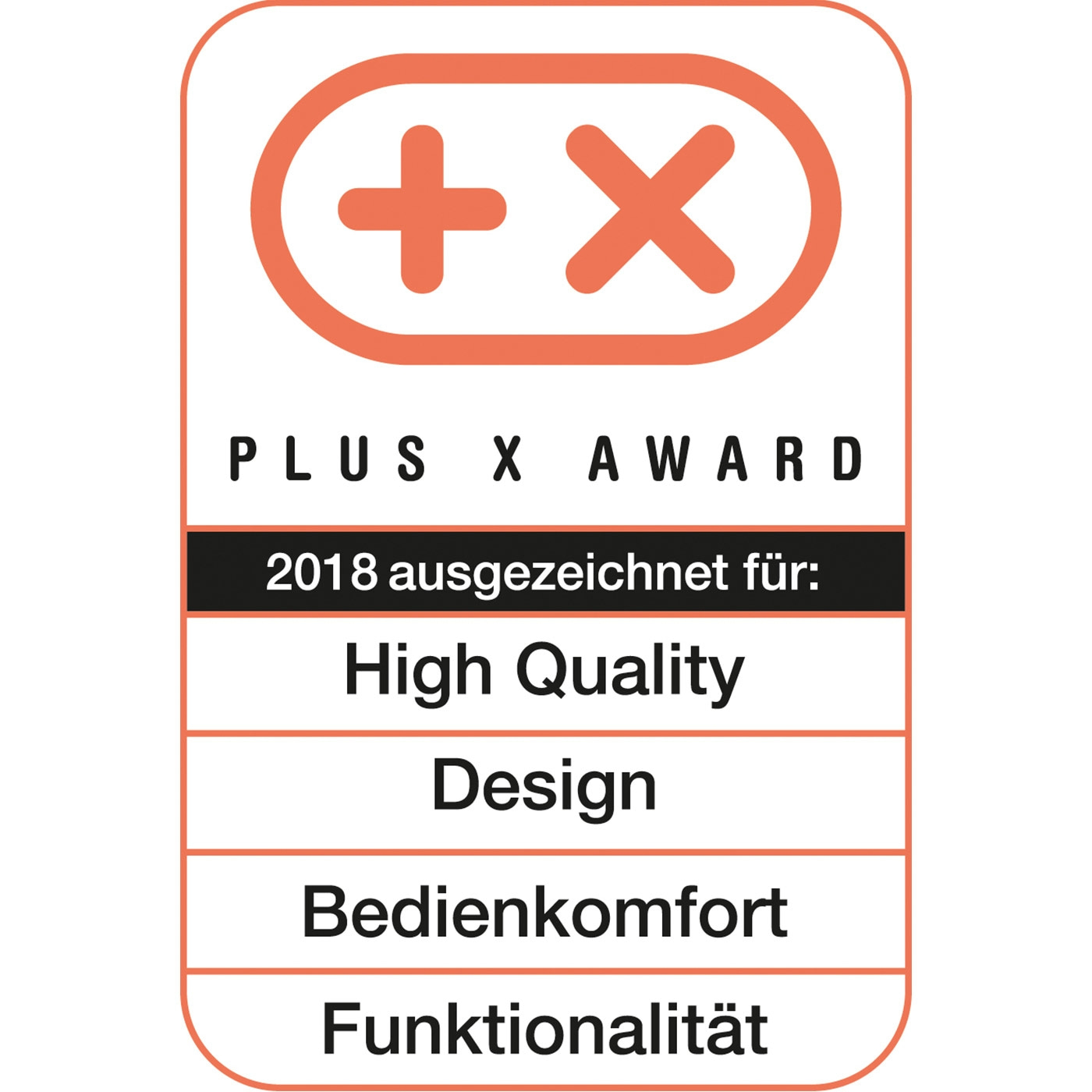 Plus X Award 2018 für High Quality, Design, Bedienkomfort, Funktionalität