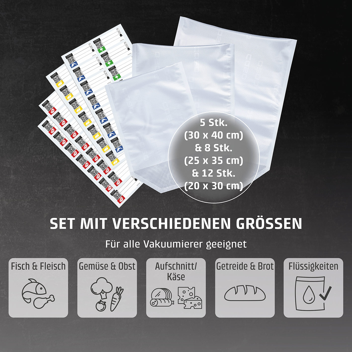 Vakuumbeutel-Set mit verschiedenen Größen für Lebensmittel, Fisch, Gemüse, Brot, Flüssigkeiten.