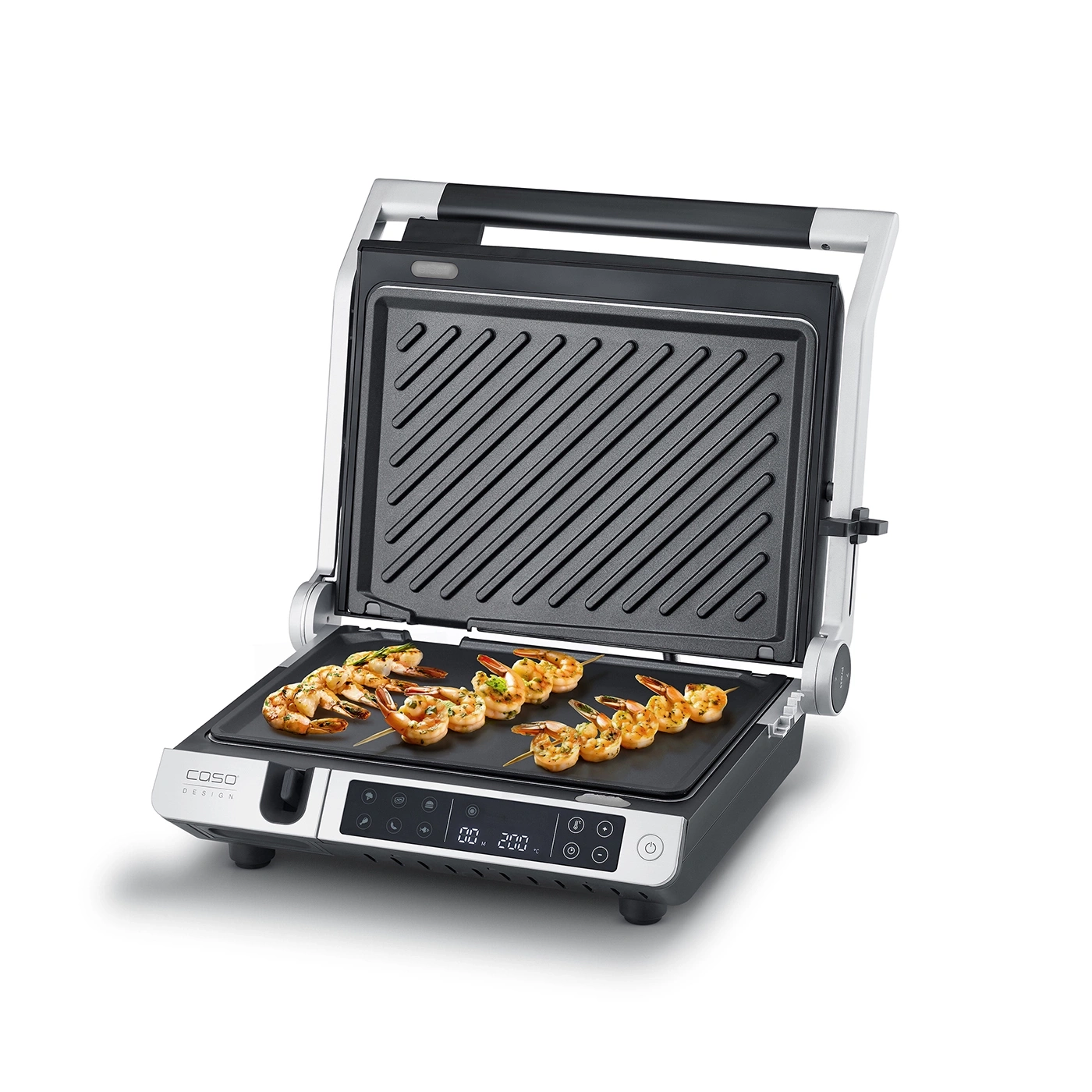 Elektrischer Kontaktgrill mit Garnelen, geöffnet, bereit zum Kochen.