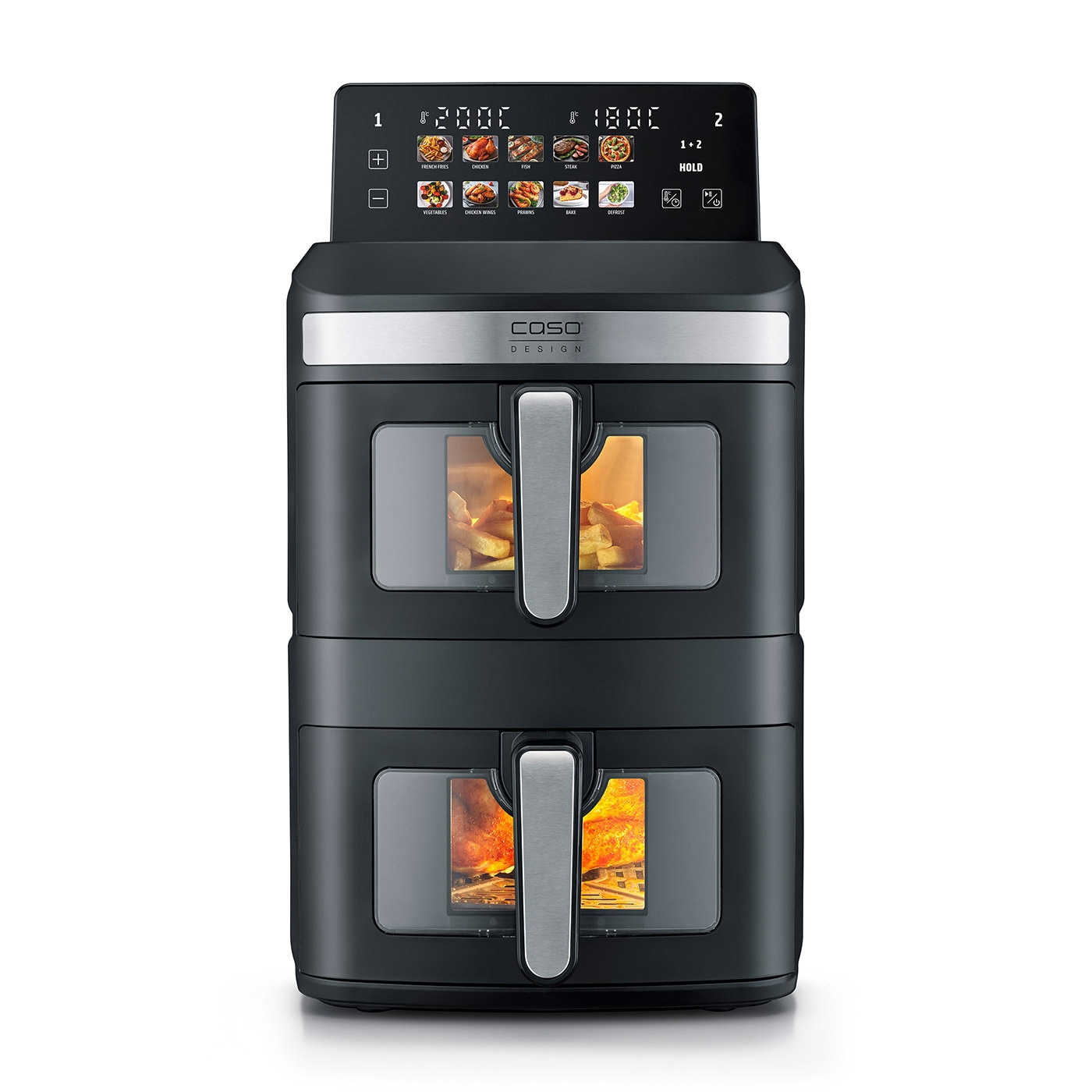 Black double-chamber air fryer with digital display and cooking presets