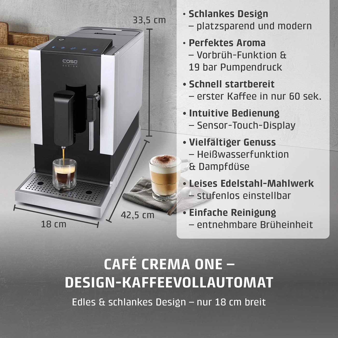 Kaffeemaschine mit schlankem Design, 18 cm breit, 33,5 cm hoch, 42,5 cm tief.