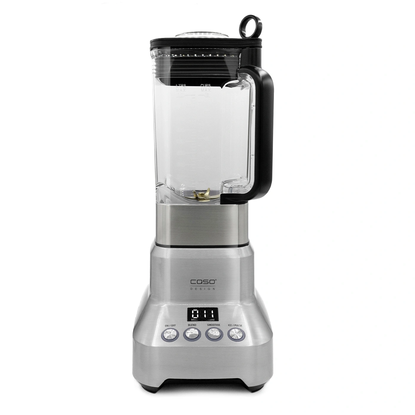 Ein silberner Standmixer mit schwarzem Griff und Deckel, digitaler Anzeige und Knöpfen.