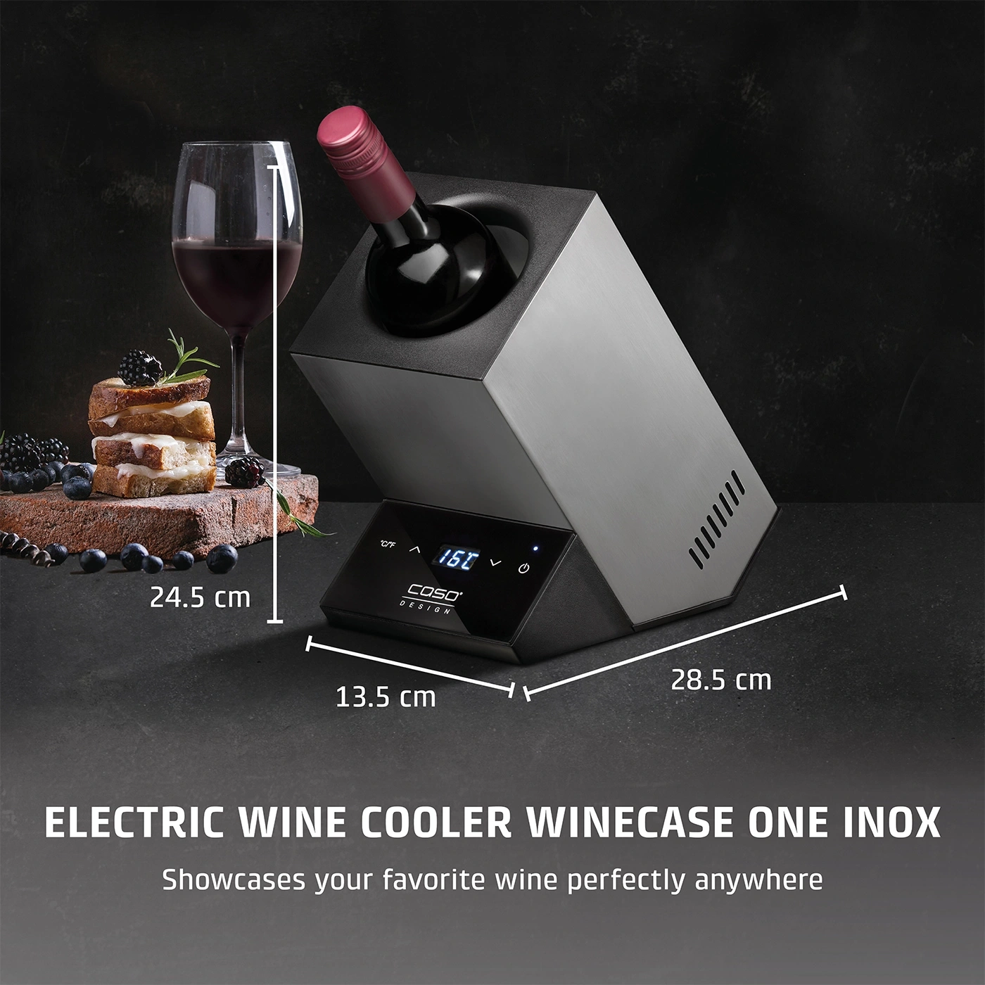 Wine cooler with wine, glass, food, dimensions, text, black, gray, table