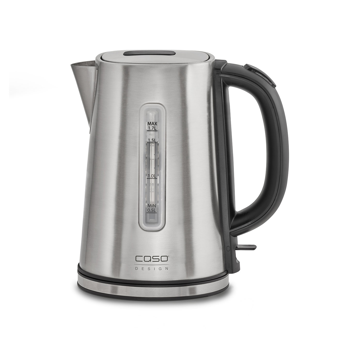 Stainless steel electric kettle with black handle and water level indicator, Caso Design