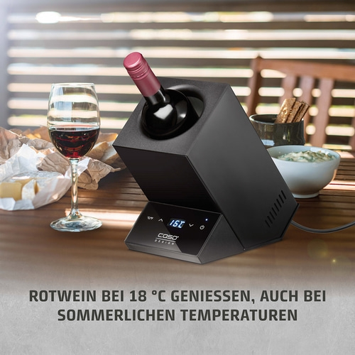 Wine cooler with red wine, glass, cheese and text. Enjoy red wine at 18°C.