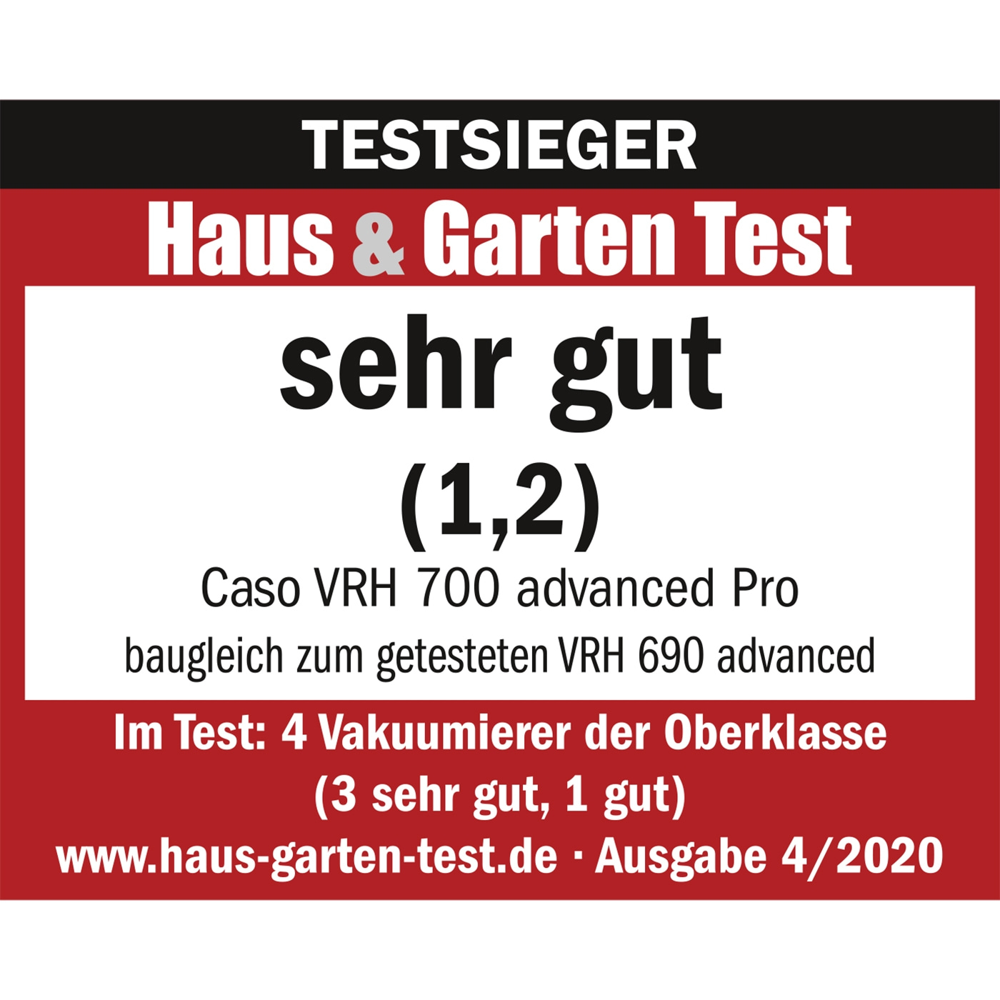 Testsieger Haus & Garten Test, sehr gut (1,2) für Caso VRH 700 advanced Pro.