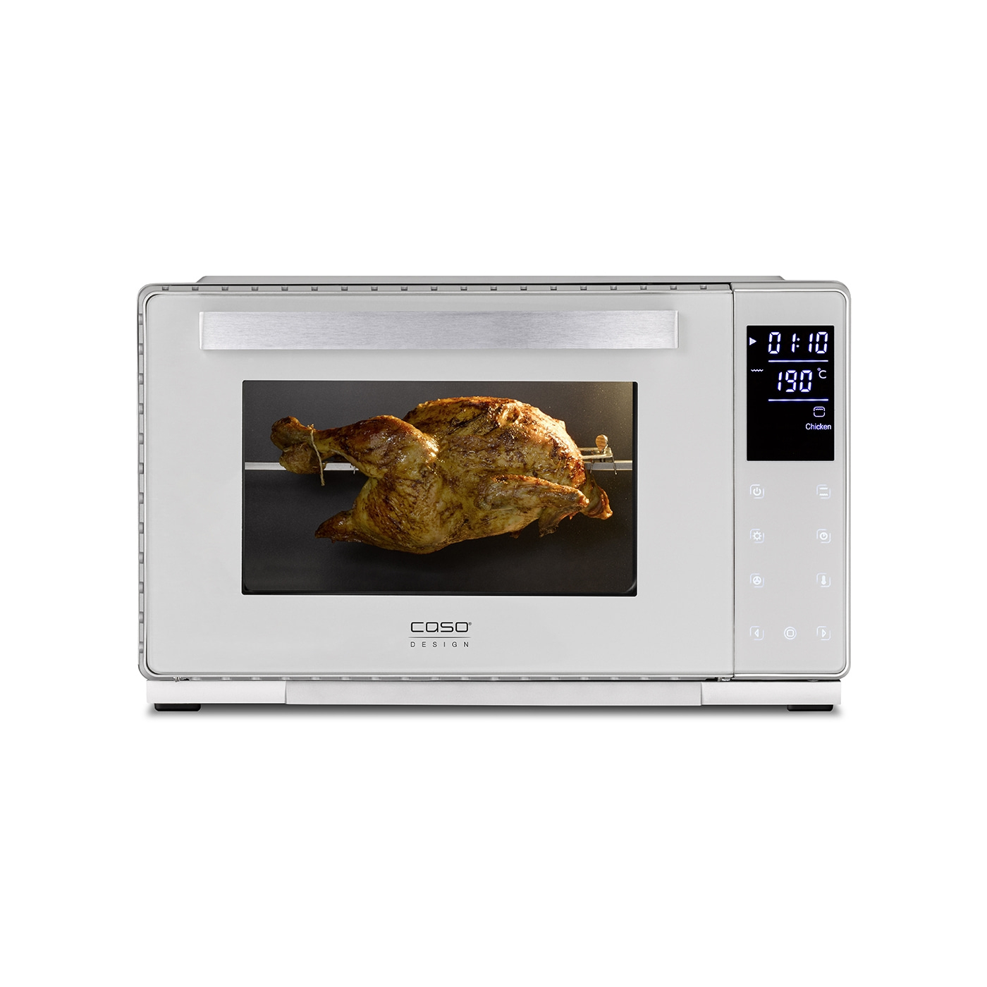 White oven with roasted chicken, digital display, Caso design, 190 degrees Celsius