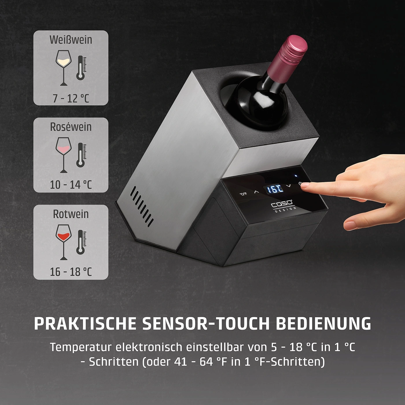 Weinkühler mit Temperaturanzeige und Sensor-Touch-Bedienung für Weiß-, Rosé- und Rotwein.
