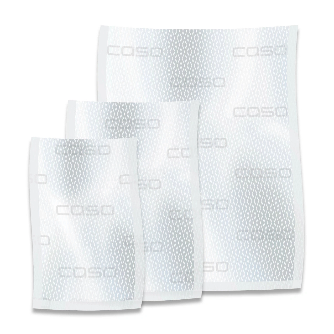 Drei weiße Vakuumbeutel mit dem Markennamen 'COSO' und einem Gittermuster.