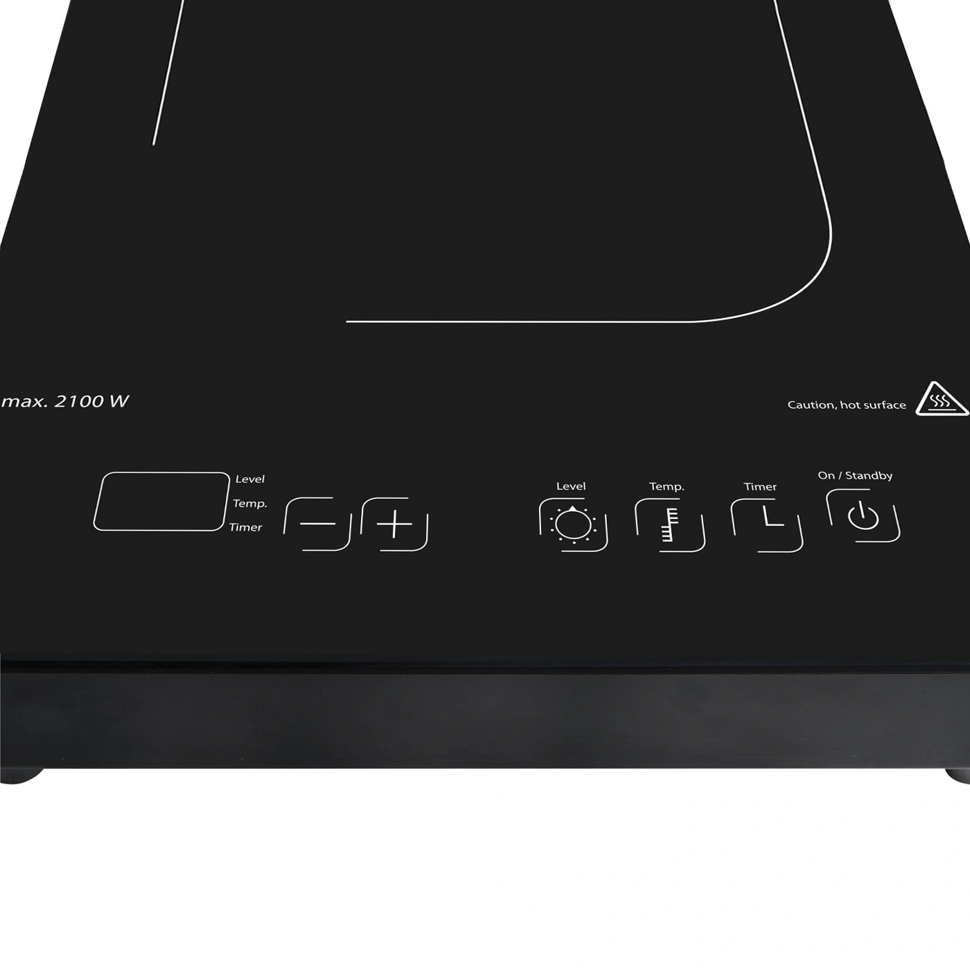 Black stovetop with controls, temperature display, and hot surface warning. Cooking appliance.