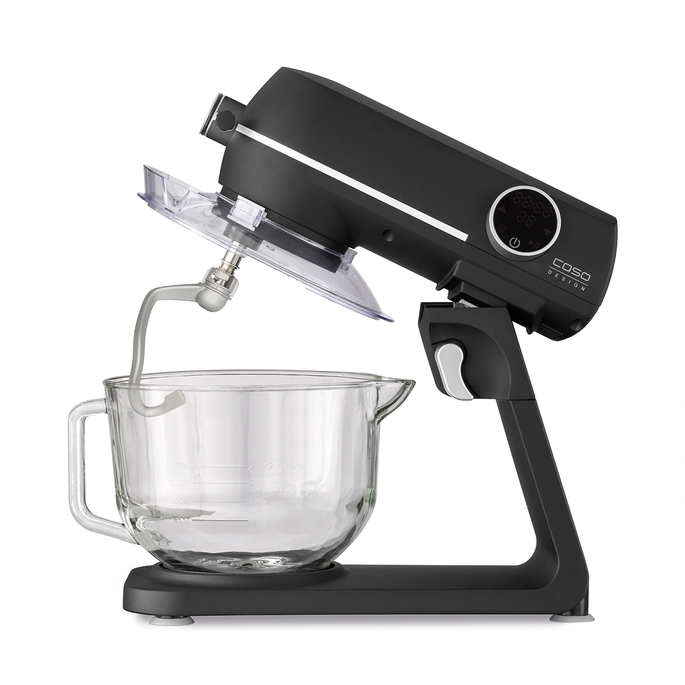 Schwarze Küchenmaschine mit Glasbehälter und digitaler Anzeige, Caso Design.