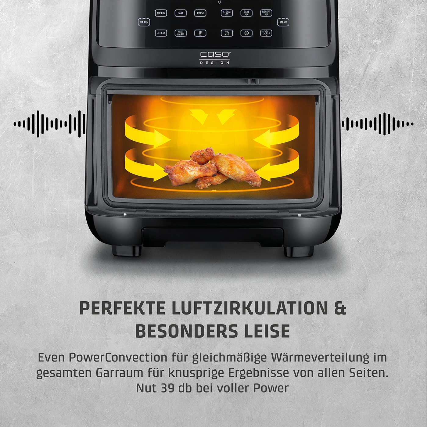 Air fryer with chicken wings, perfect air circulation, quiet, PowerConvection, crispy results.