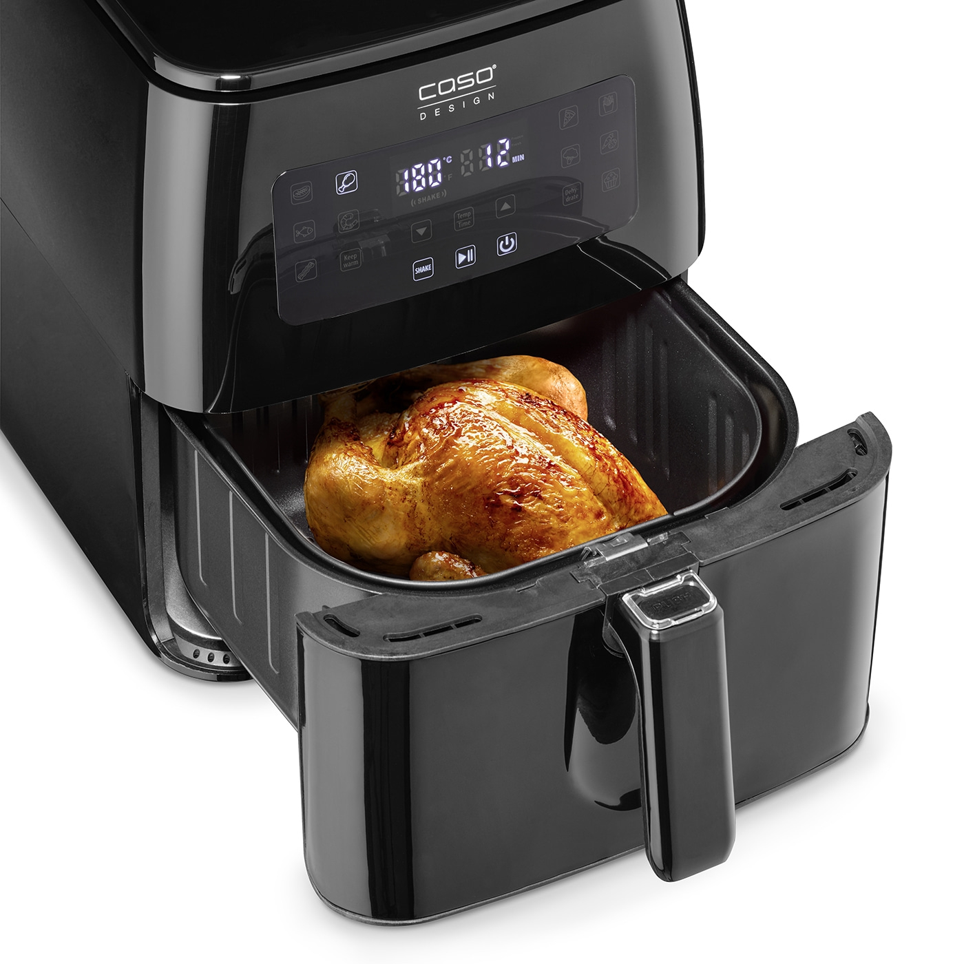 Black air fryer with chicken, control panel, basket, design, cooking, food, kitchen, appliance.