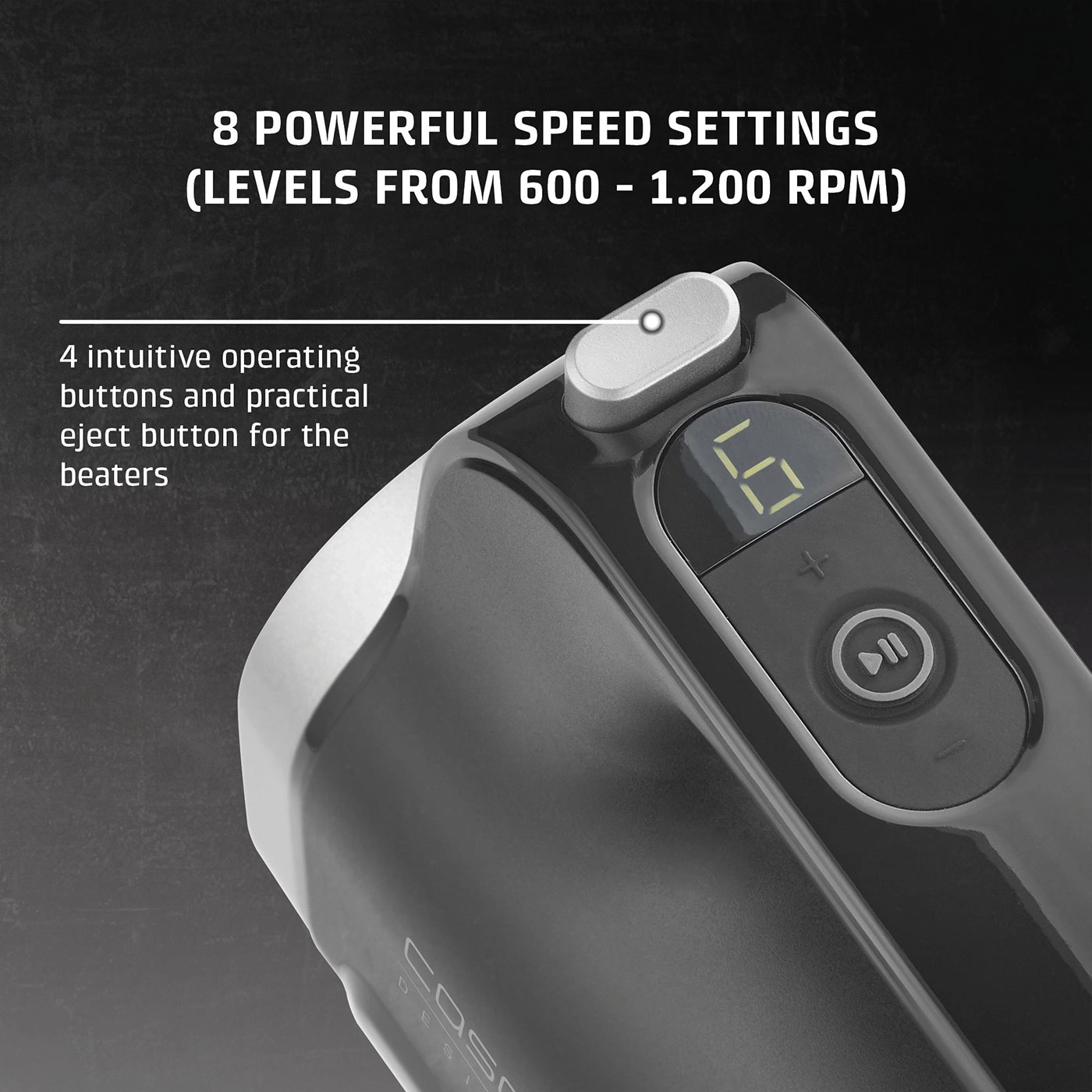 Close-up of a black device with digital speed indicators and controls.