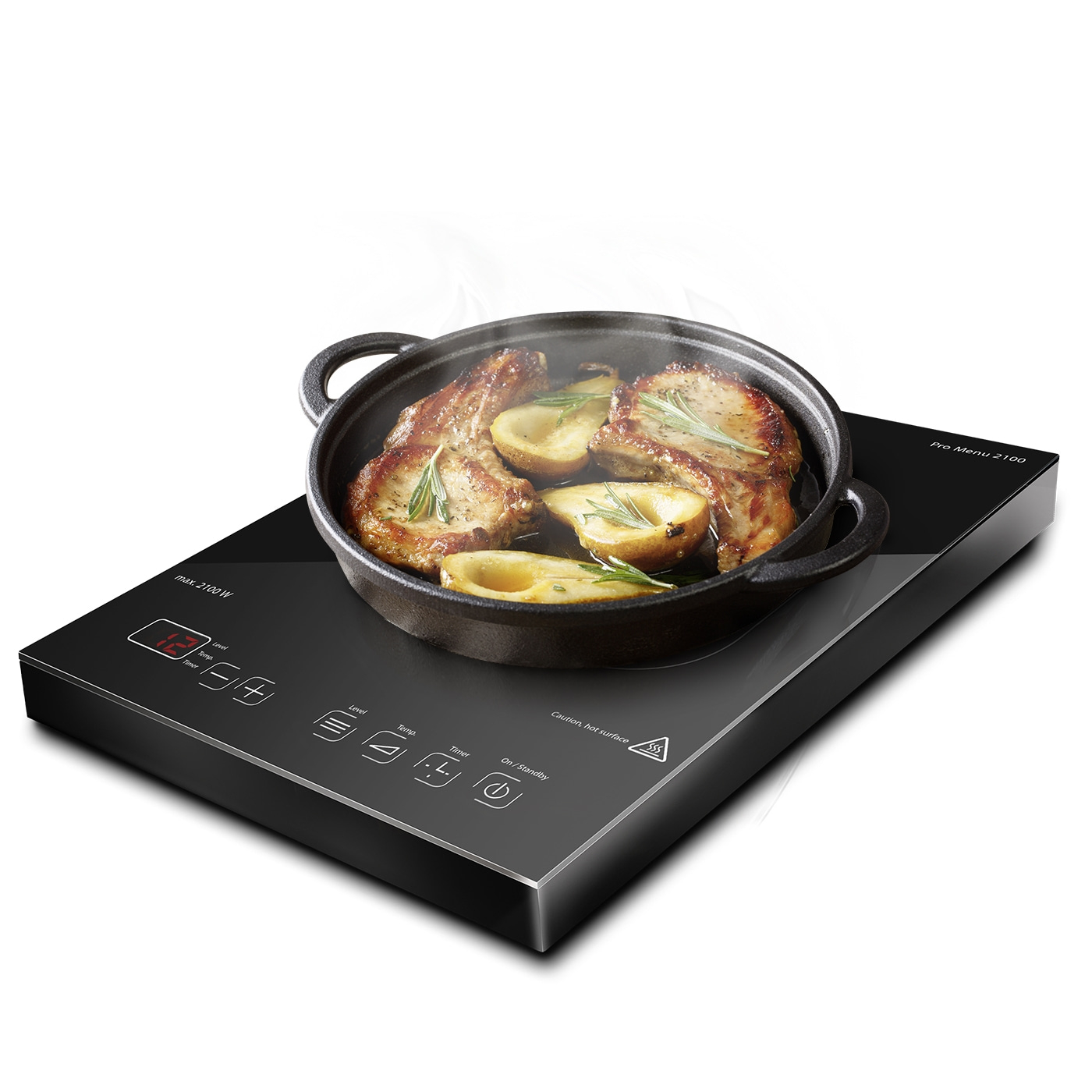 Induction cooktop with meat and potatoes in a pan, steam, black surface, Pro Menu 2100.