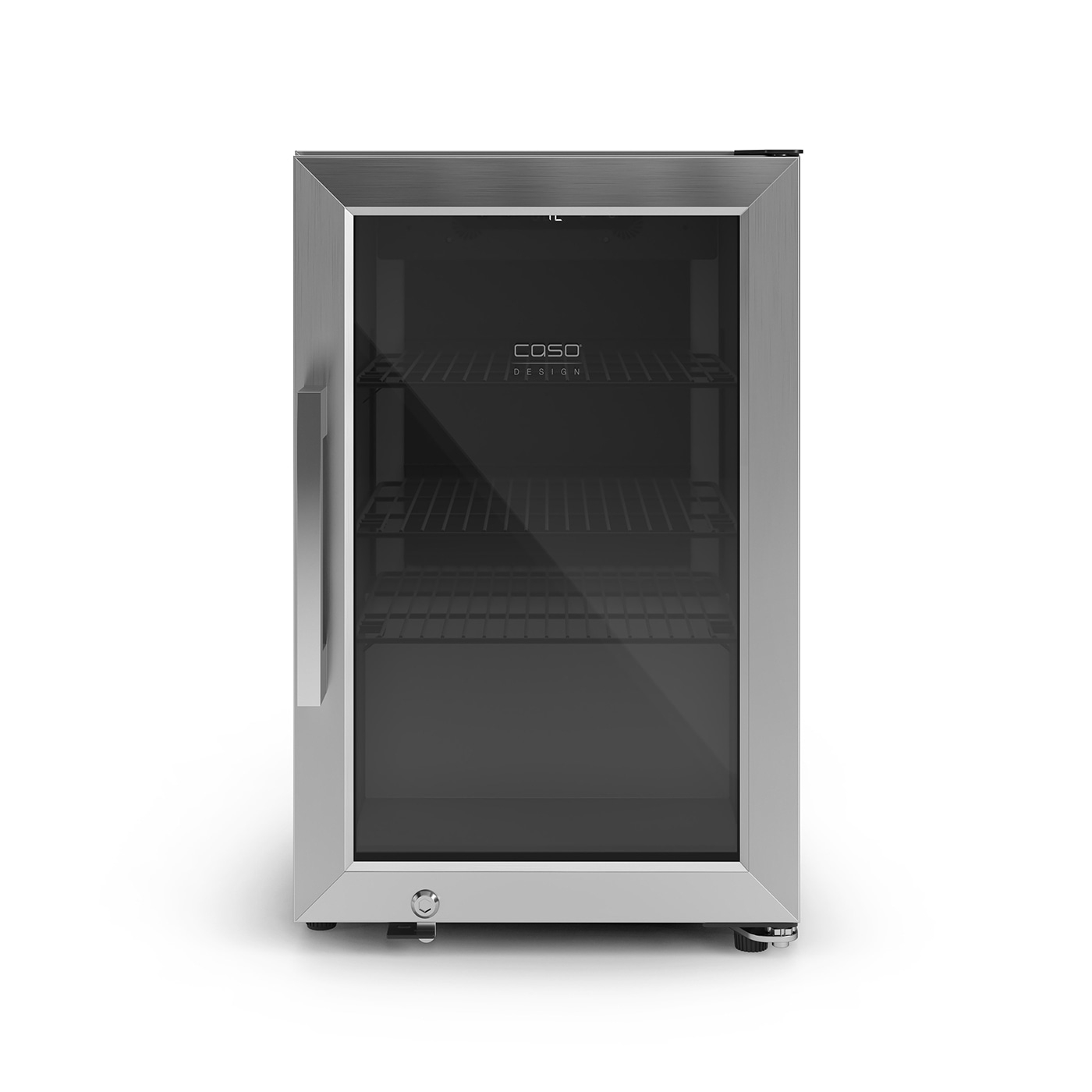 Edelstahl-Kühlschrank mit Glasfront und COSO-Design-Logo, isoliert auf weißem Hintergrund