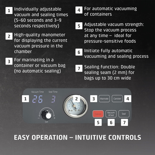 Vacuum sealer with features, manometer, marinating function, easy operation.