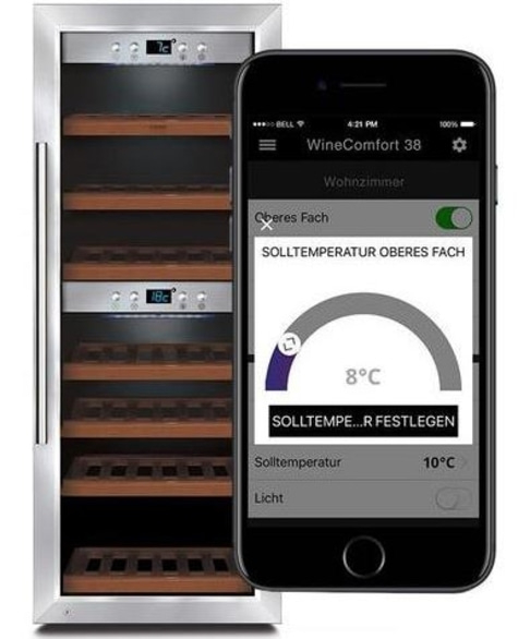 Weinkühlschrank mit Smartphone-App zur Temperaturregelung und -anzeige.
