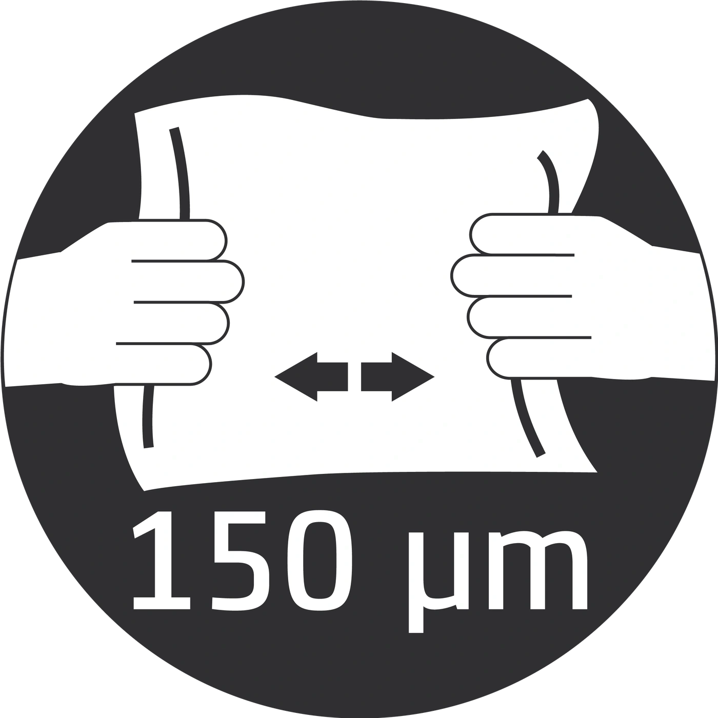 Hände ziehen Papier auseinander, 150 µm, schwarzer Hintergrund, weißes Symbol