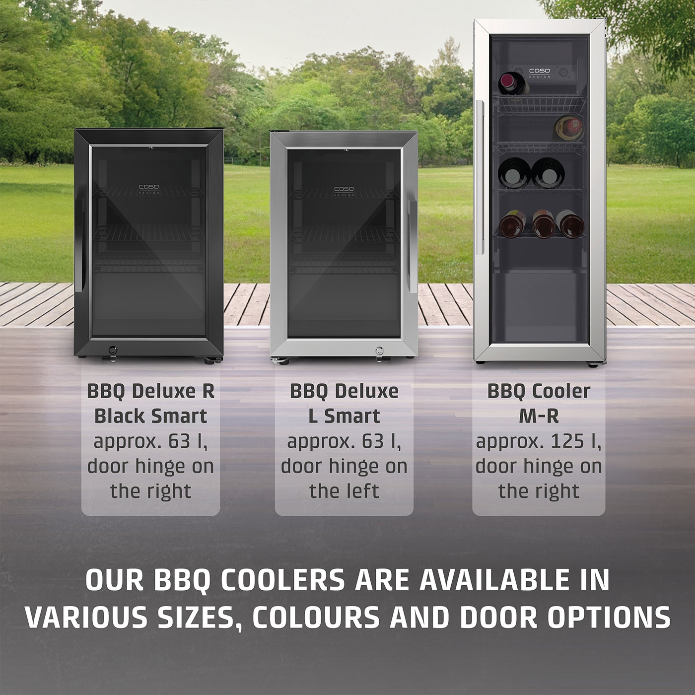 BBQ coolers: black, silver, wine, garden, sizes, door options, BBQ Deluxe, Cooler
