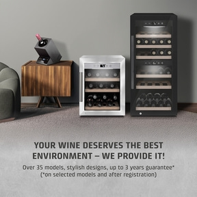 Wine cooler display with text: Your wine deserves the best environment - We deliver it!