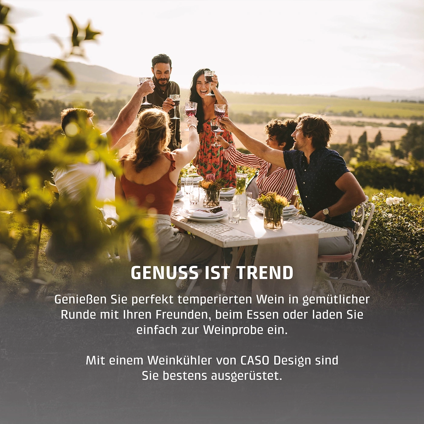 Freunde stoßen an, Weinprobe, Genuss, Trend, Weinkühler, CASO Design, Essen, gemütlich, Wein