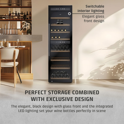 Wine cooler with glass front, elegant design, perfect wine storage, interior lighting