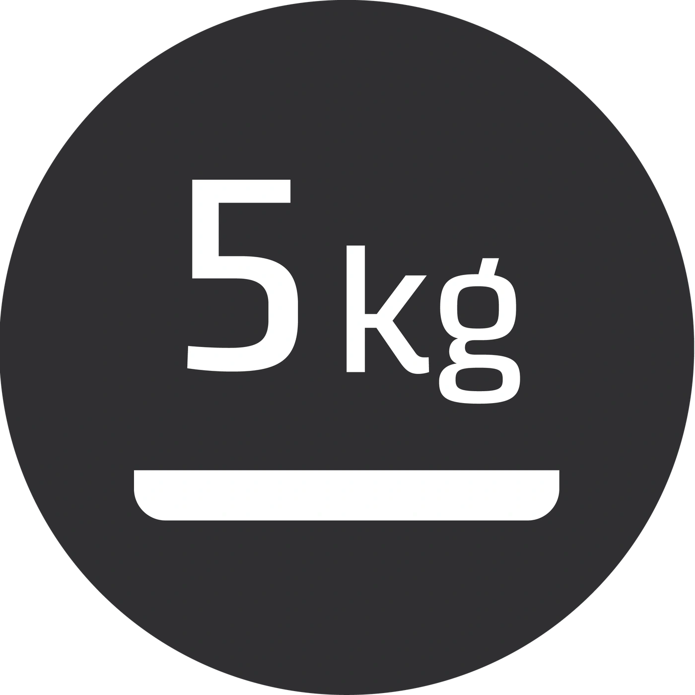 Circle with the inscription 5 kg, white on gray background, weight measurement