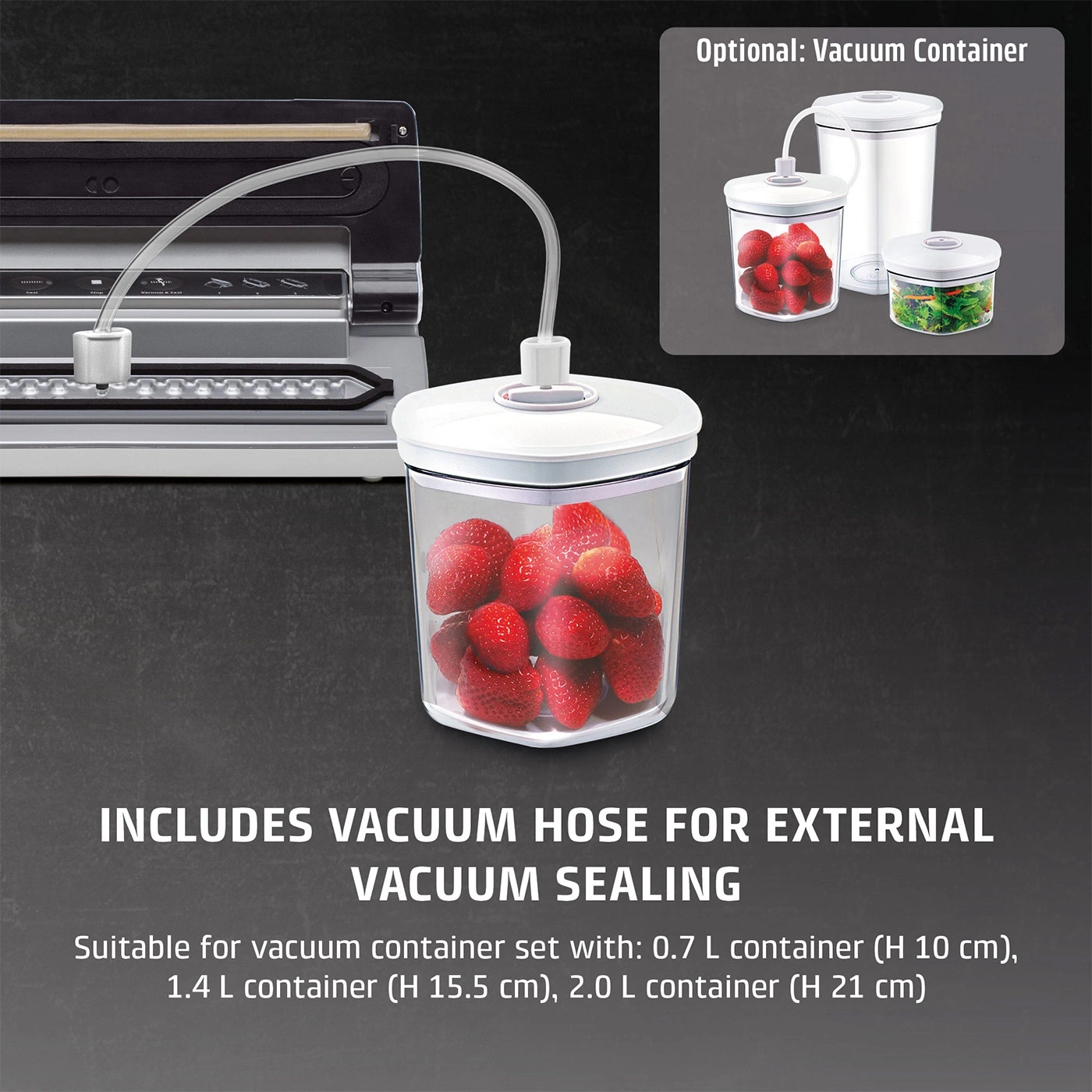 Vacuum sealer with hose and containers for external vacuum sealing