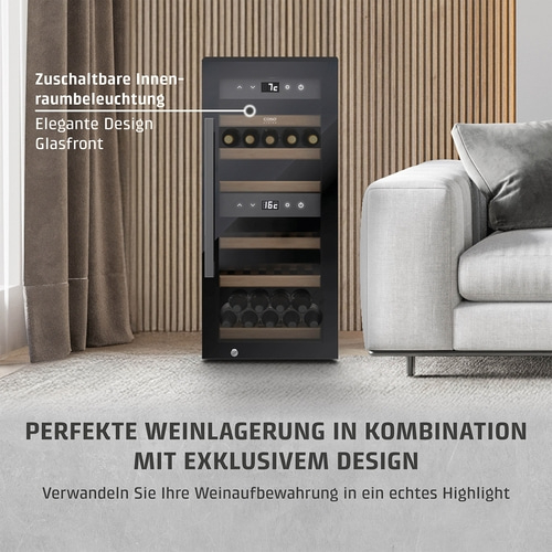 Wine cooler with elegant design, glass front, and interior lighting. Perfect wine storage.