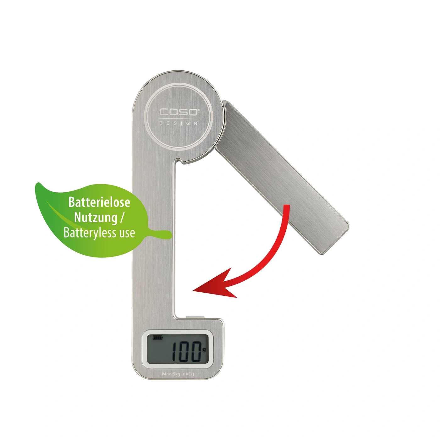 Kitchen scale, battery-free, digital display, 100g weight, silver design, COSO Design, battery-less use