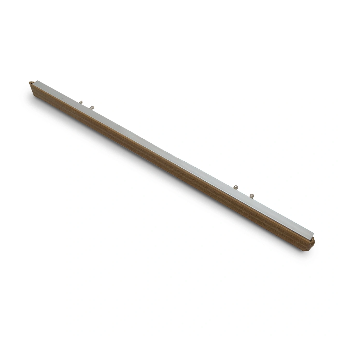 Long, narrow wooden strip with metal and small knobs, isolated on white background.