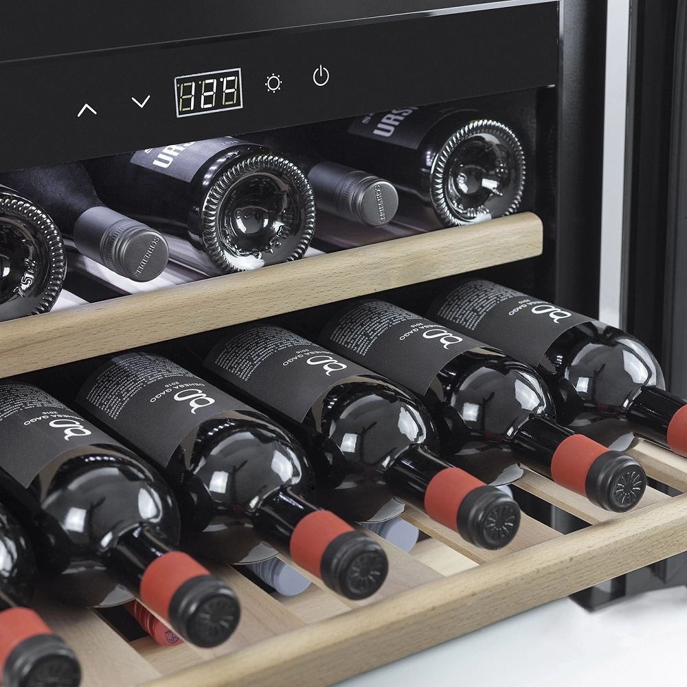 Wine cooler with wine bottles, wooden shelves, and digital display