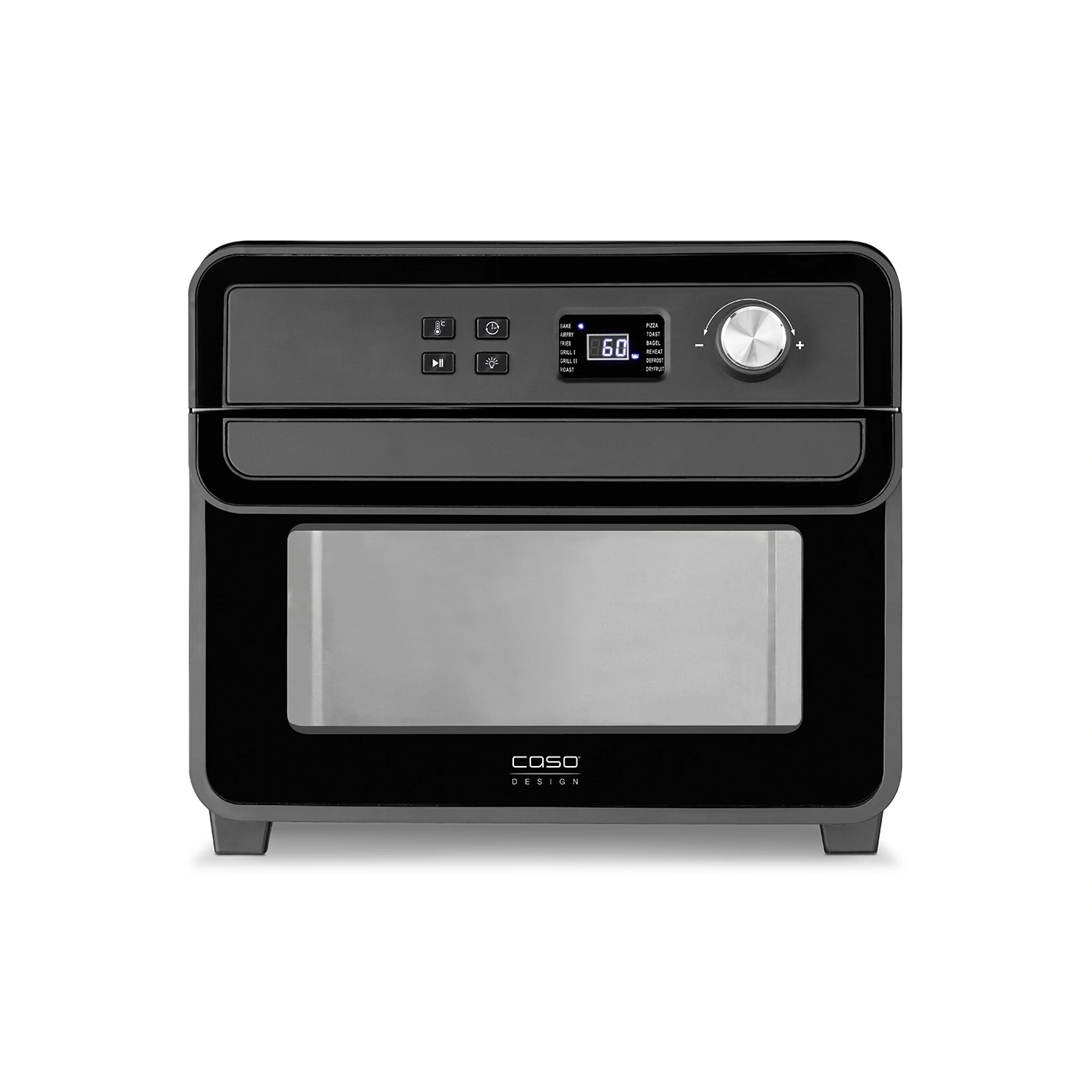 Black oven with control panel, display, and knob for various cooking modes and settings.