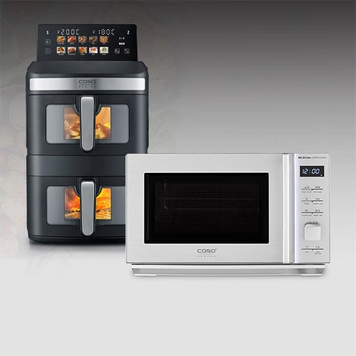 Doppel-Heißluftfritteuse und Mikrowelle mit Touchscreen-Bedienfeld und digitaler Anzeige.